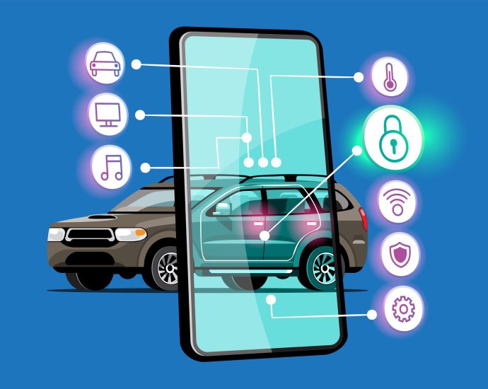 Smart vehicle connected to a mobile interface displaying IoT sensors and security features, representing generative AI managing vehicle data and sensor integration.