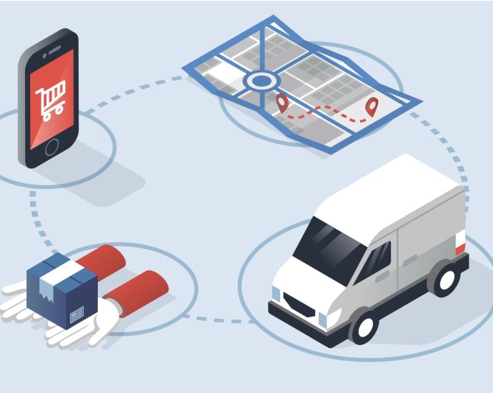 Digital logistics network showing delivery routes, vehicles, and mobile commerce, representing LLM orchestration optimizing real-time supply chain operations.