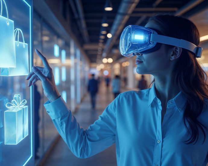 Shopper using virtual reality to browse products, illustrating computer vision and generative AI enhancing retail discovery and reducing checkout drop-off.