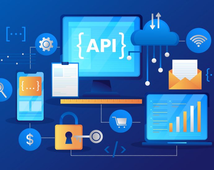 Illustration of API integration connecting cloud services, applications, and data systems for seamless communication and digital scalability.