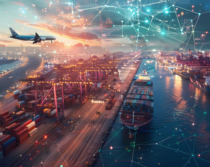 Smart port with cargo ships and airplanes connected through digital data networks, showcasing predictive analytics and IoT enabling real-time shipment visibility.
