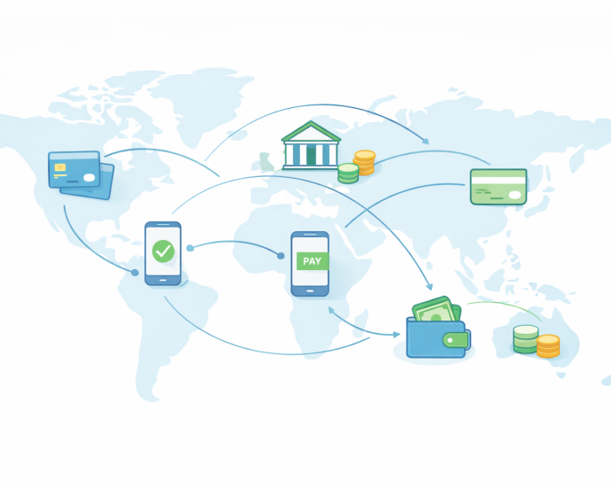 Global map visualization of digital payment networks using APIs to connect banks, wallets, and financial systems across international regions.