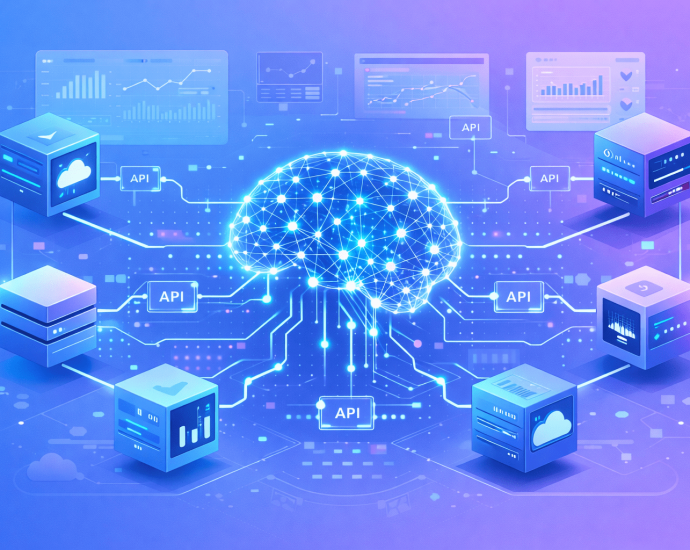 Visualization of AI-driven microservices architecture with interconnected APIs and neural network, representing LLM orchestration for scalable content delivery.