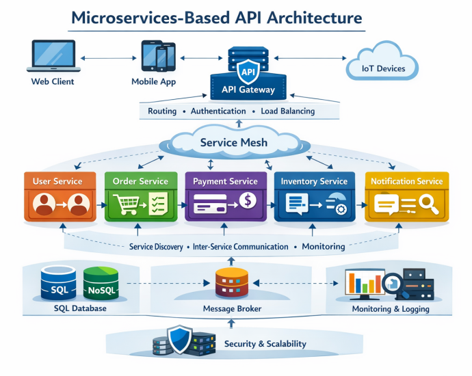 Diagram of microservices-based API architecture showing API gateway, service mesh, and distributed services for scalable and resilient system design.