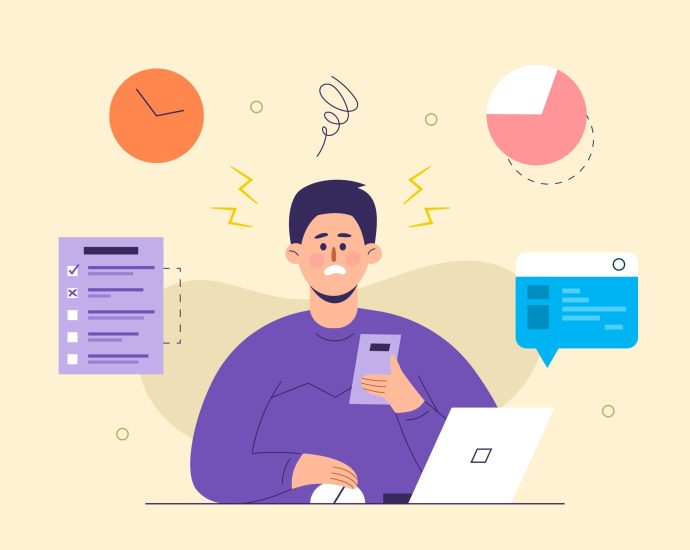 Illustration of a stressed user juggling multiple digital tasks and notifications, highlighting friction in mobile journeys without intelligent orchestration.Illustration of a stressed user juggling multiple digital tasks and notifications, highlighting friction in mobile journeys without intelligent orchestration.