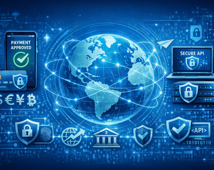 Futuristic visualization of secure API infrastructure enabling global financial transactions with encryption, authentication, and fraud detection mechanisms.