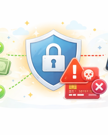 Illustration of secure digital payment system with shield protection, fraud warning indicators, and validated transactions across cards and mobile payments.
