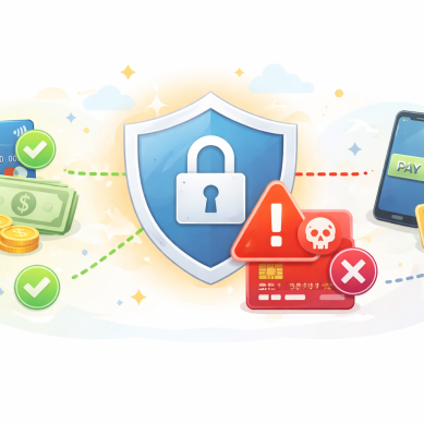 Illustration of secure digital payment system with shield protection, fraud warning indicators, and validated transactions across cards and mobile payments.