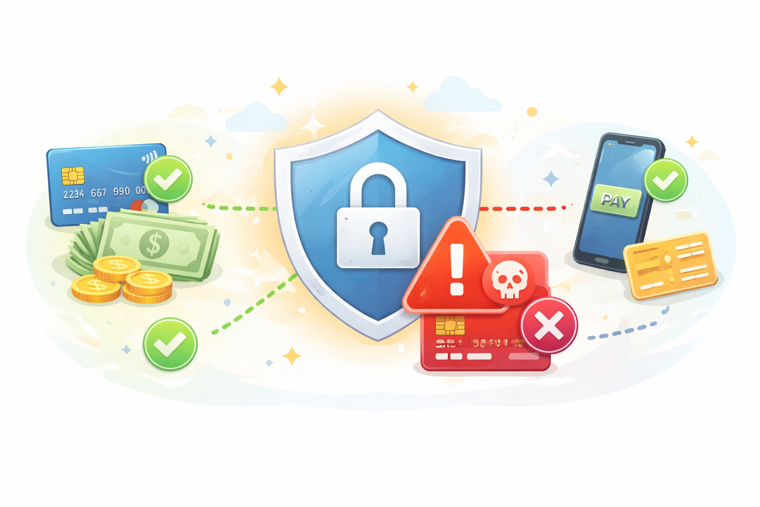Illustration of secure digital payment system with shield protection, fraud warning indicators, and validated transactions across cards and mobile payments.