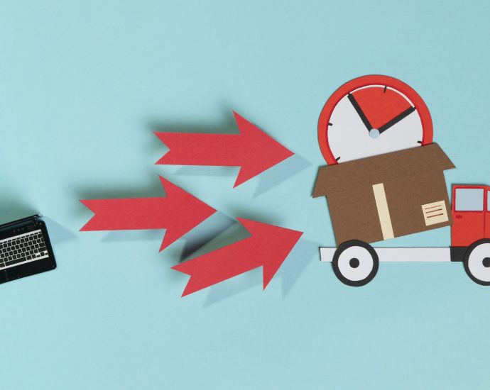 Illustration of a delivery truck with a package and clock symbol, representing shipment delays solved through IoT integration and predictive analytics for real-time visibility.
