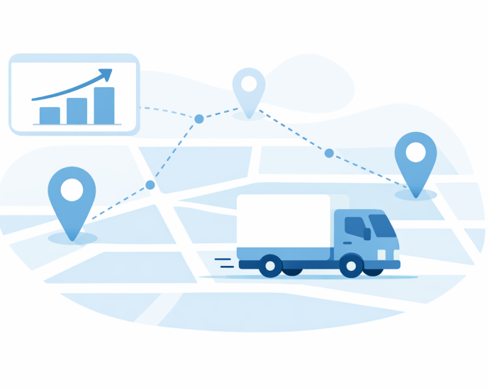 Logistics truck navigating mapped delivery points with performance analytics, illustrating IoT-powered tracking and predictive analytics eliminating shipment delays.