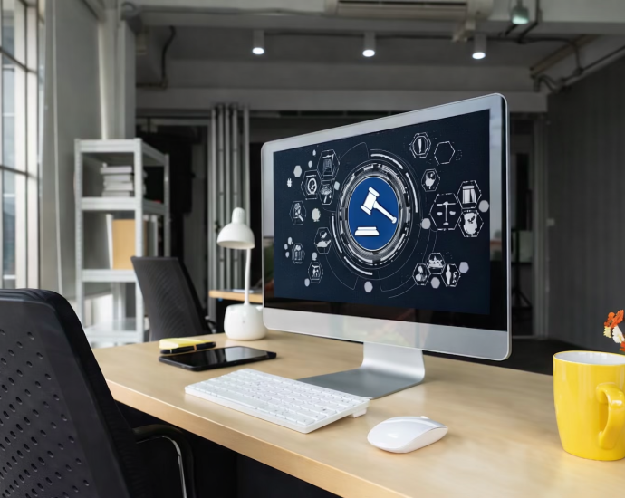 Modern workspace with legal tech case management system