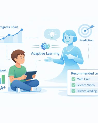 Illustration of adaptive learning system using AI tutors and predictive analytics to personalize student education with progress tracking and recommended lessons.
