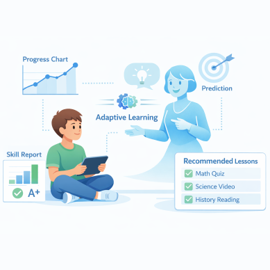 Illustration of adaptive learning system using AI tutors and predictive analytics to personalize student education with progress tracking and recommended lessons.