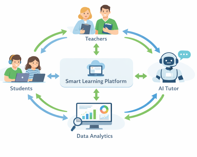 Diagram of adaptive learning ecosystem connecting students, teachers, AI tutors, and data analytics to deliver personalized education experiences.