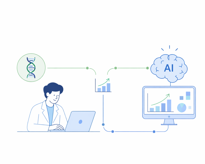 Minimal illustration showing AI accelerating life sciences research through data analysis, predictive modeling, and improved insights.