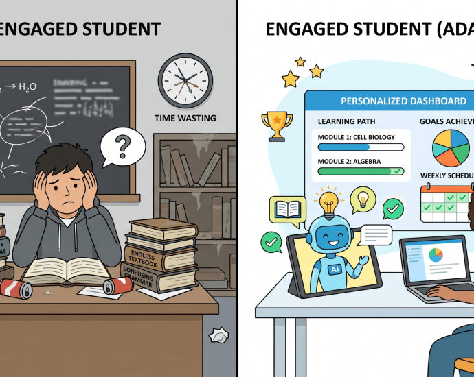 Comparison of disengaged student versus engaged student using adaptive AI learning platform with personalized dashboard and AI tutor assistance.