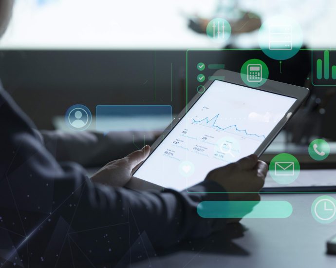 Tablet showing AI-driven CRM interface with predictive analytics enhancing claims management and customer interaction