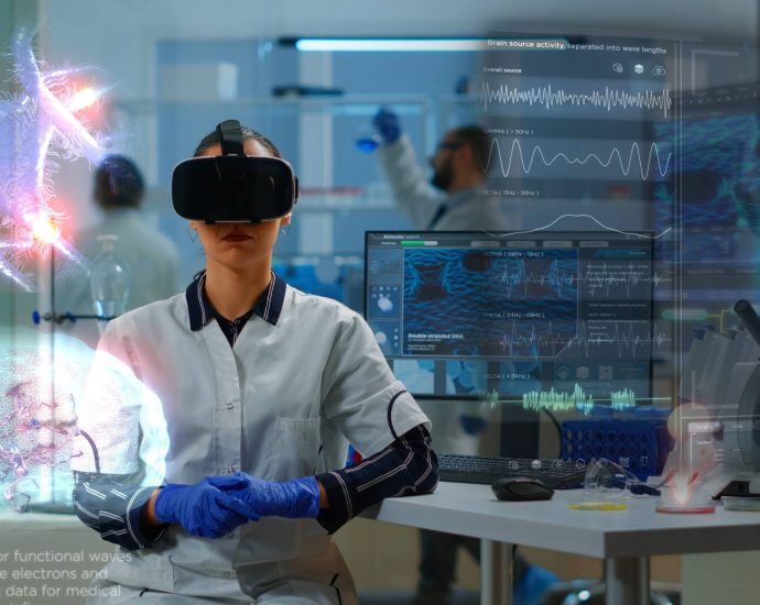 Scientific expert in laboratory using VR