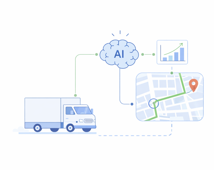 AI-driven logistics showing predictive analytics and route optimization for solving last-mile delivery inefficiencies.