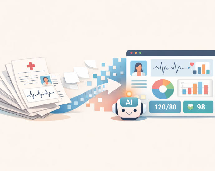 AI transforming paper-based medical records into a digital healthcare dashboard with charts and automation.