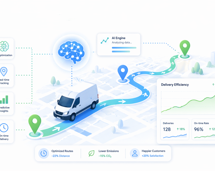 AI-powered route optimization dashboard improving last-mile delivery efficiency with predictive analytics, real-time tracking, and optimized logistics routes.