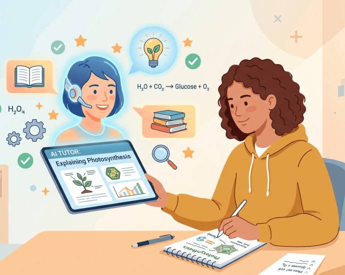 Student interacting with AI tutor on tablet receiving personalized lessons, predictive insights, and adaptive learning recommendations.