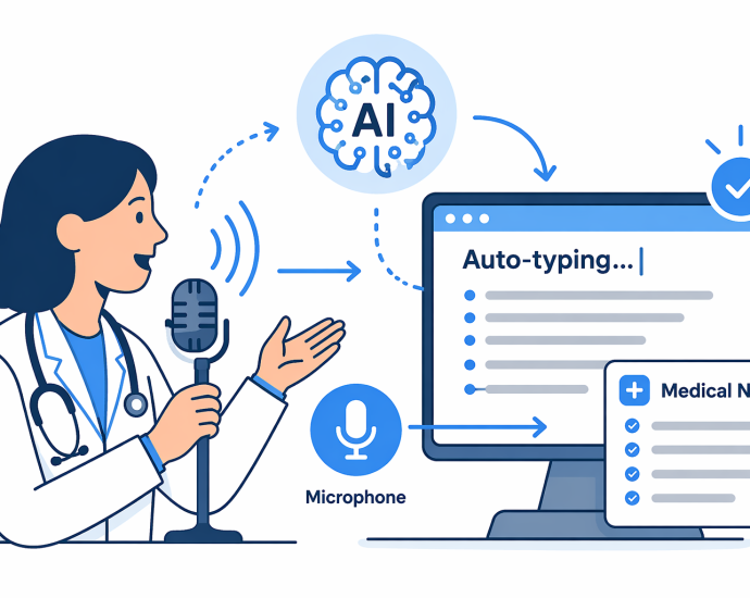 Doctor speaking into a microphone while AI converts voice into structured medical notes on a digital screen.