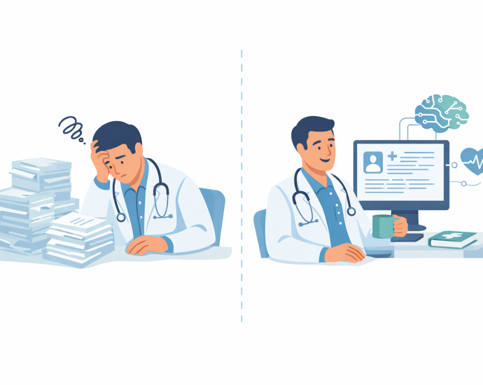 Comparison of stressed doctor with paperwork versus relaxed doctor using AI-powered digital healthcare system.