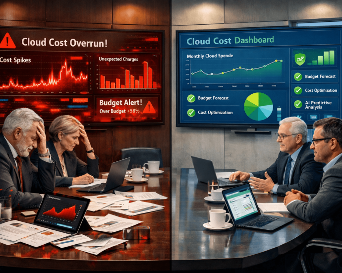 Split screen showing cloud cost overrun alerts and budget spikes versus optimized cloud cost dashboard with governance and predictive analytics