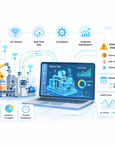 Digital twin dashboard connected to IoT sensors showing real-time analytics, predictive maintenance alerts, and equipment health monitoring in an industrial environment.