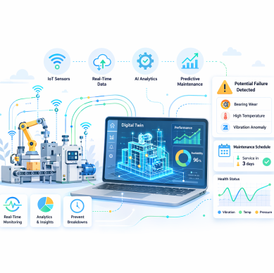 Digital twin dashboard connected to IoT sensors showing real-time analytics, predictive maintenance alerts, and equipment health monitoring in an industrial environment.