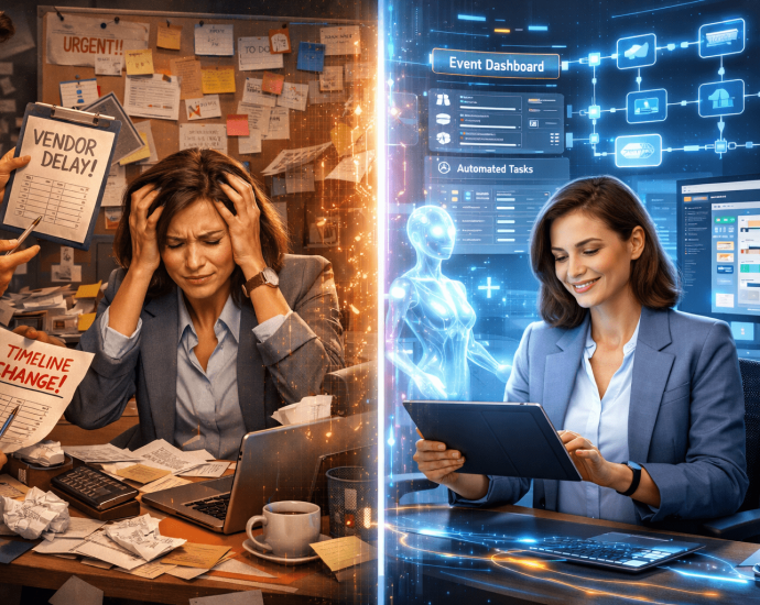 Split screen showing stressful event planning chaos versus streamlined workflow using AI automation and real-time dashboards