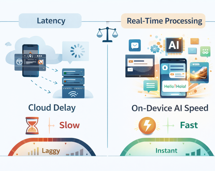 Illustration comparing cloud latency delay vs fast on-device AI real-time processing