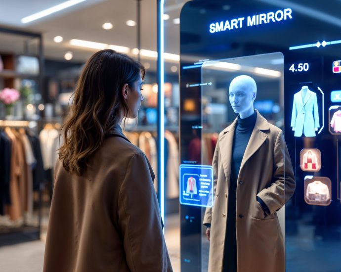 Customer using a smart mirror with augmented reality to virtually try on clothing in a retail store, powered by AI-driven shopping experience technology.