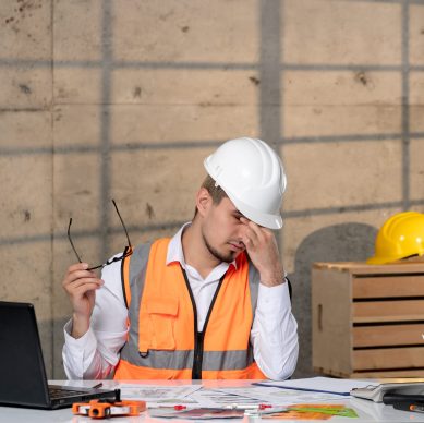 Exhausted technician dealing with manual workload in workshop, highlighting inefficiencies and burnout without automation