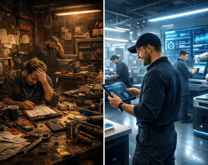 Split image showing inefficient manual workshop operations versus optimized AI-driven automation in a modern industrial environment